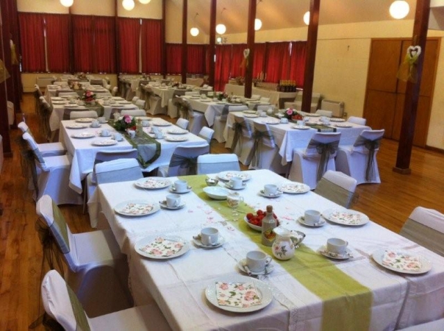 The main village hall set out for a wedding party.