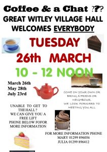 COFFEE & CHAT @ Great Witley Village Hall