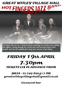 Live Music Event - HOT FINGERS JAZZ BAND @ Great Witley Village Hall