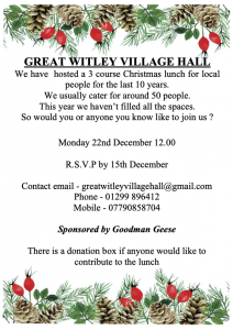 CHRISTMAS LUNCH @ Great Witley Village Hall