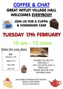 COFFEE & CHAT @ Great Witley Village Hall