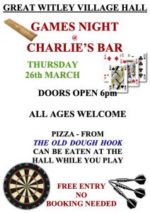 **FREE EVENT** Games Night at Charlie's Bar @ Great Witley Village Hall