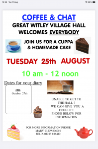 COFFEE & CHAT - 25th August 2026 @ Great Witley Village Hall