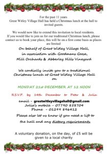 CHRISTMAS LUNCH @ Great Witley Village Hall
